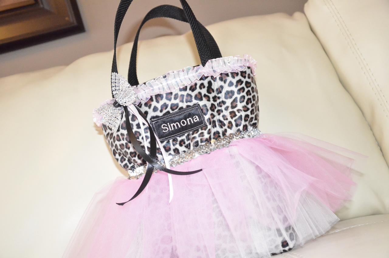 Handmade Cheeta Print Silk Tutu Tote Bag -pink, Personalizable Tutu Tote Bag-perfect Christmas Gift